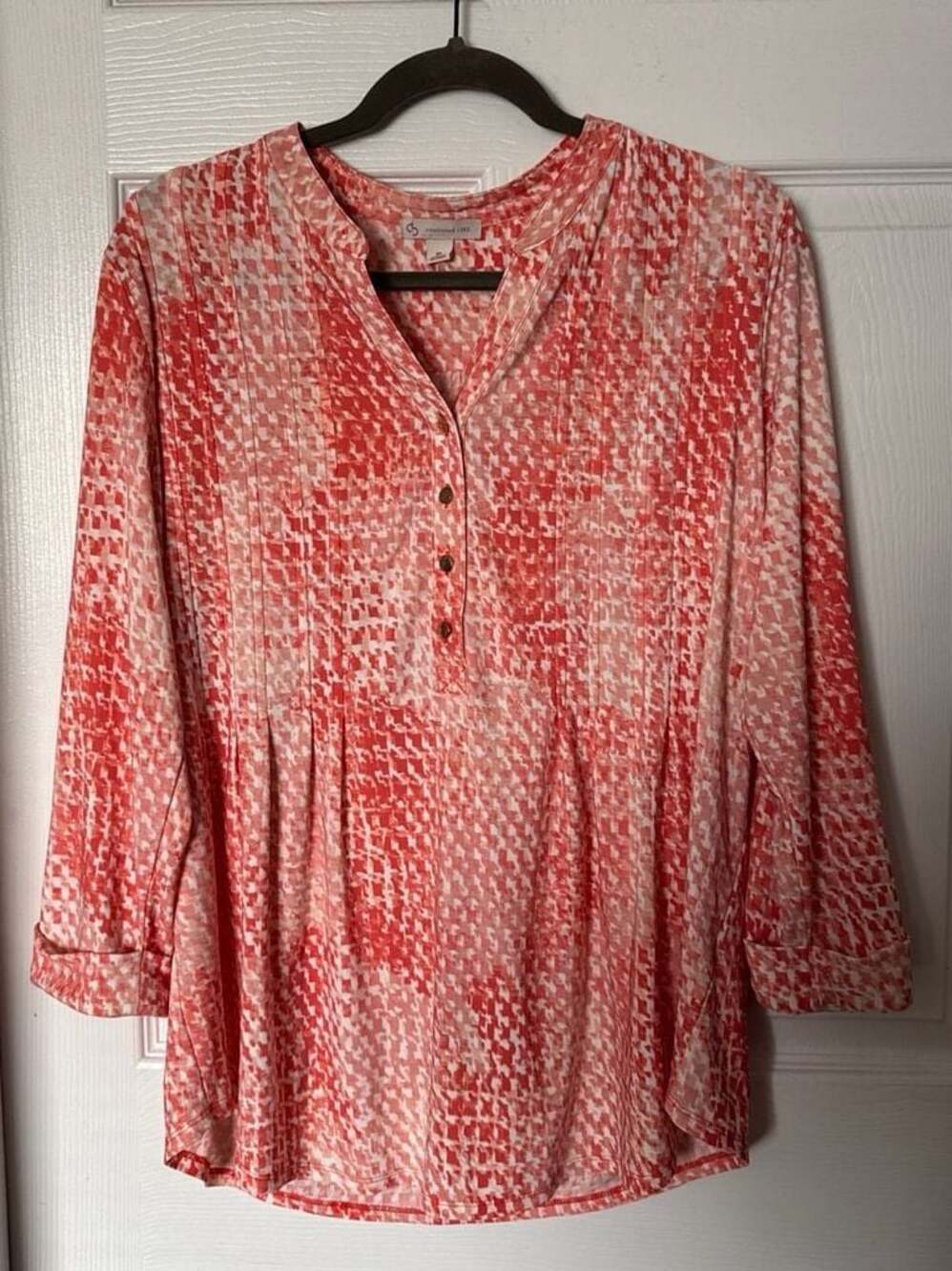 Dressbarn Established 1962 Coral/White Geometric Print Pleated Tunic Blouse XL